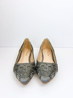 Size 8 Gray Rhinestone Studded Flats Embellished Pointed Toe Dressy Flats XYD